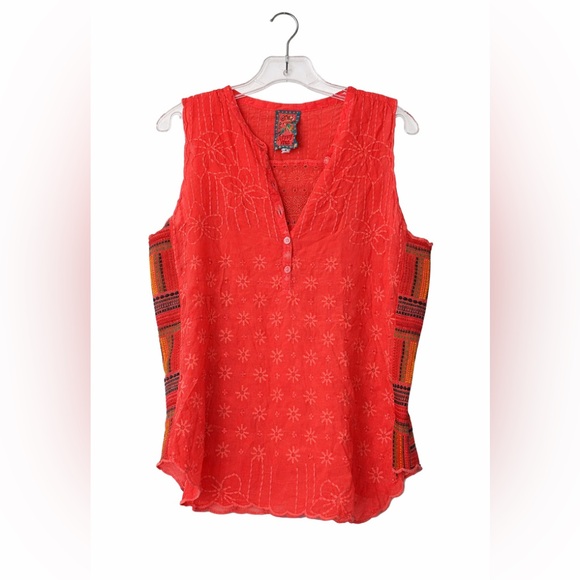 Johnny Was Tops - Johnny Was Embroidered Boho Sleeveless Top coral Floral Cotton Blouse Medium